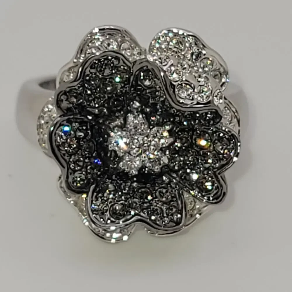 Vintage Nolan Miller Black & Clear Pave Crystal Flower Ring
